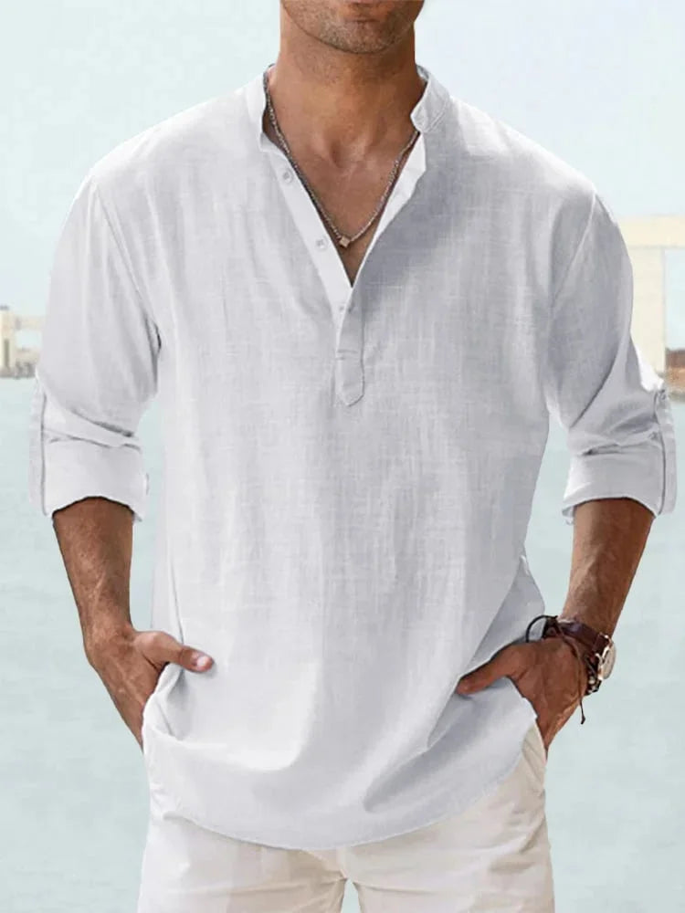 Chemise décontractée à col Henley et manches longues en coton pour homme