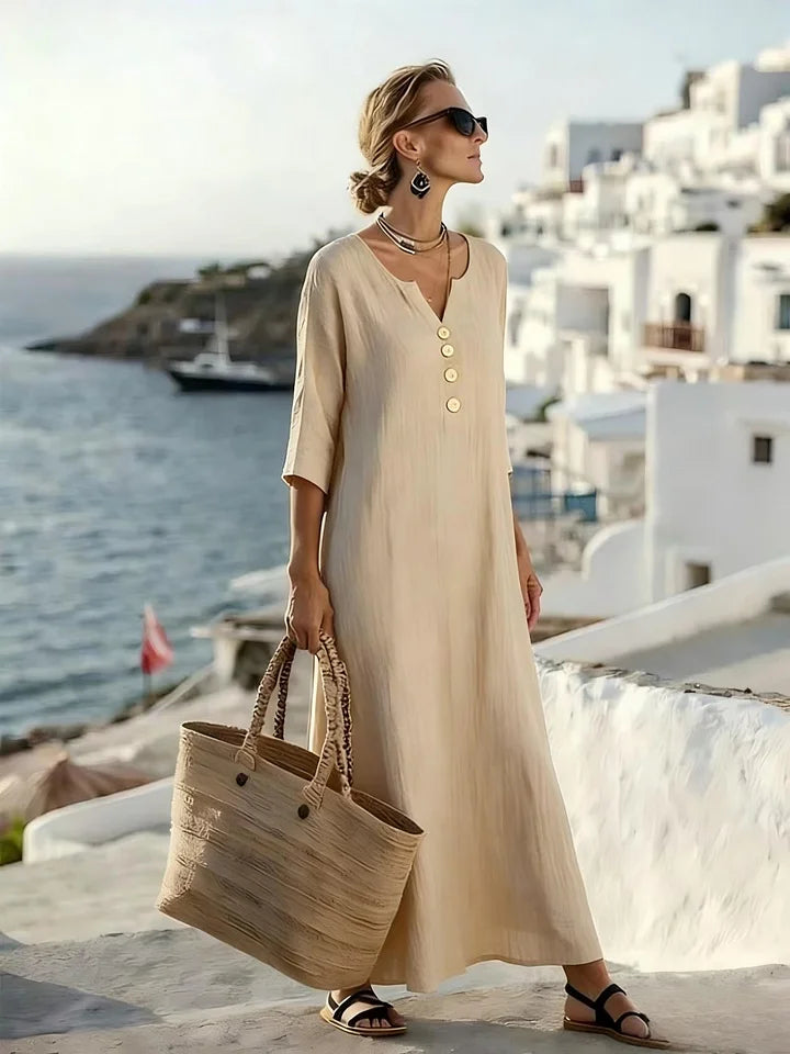 Robe midi décontractée à col en V et boutons décoratifs pour femme