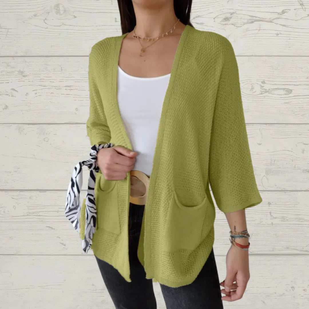 Cardigan à manches 3/4, ouverture sur le devant et poches pour femmes