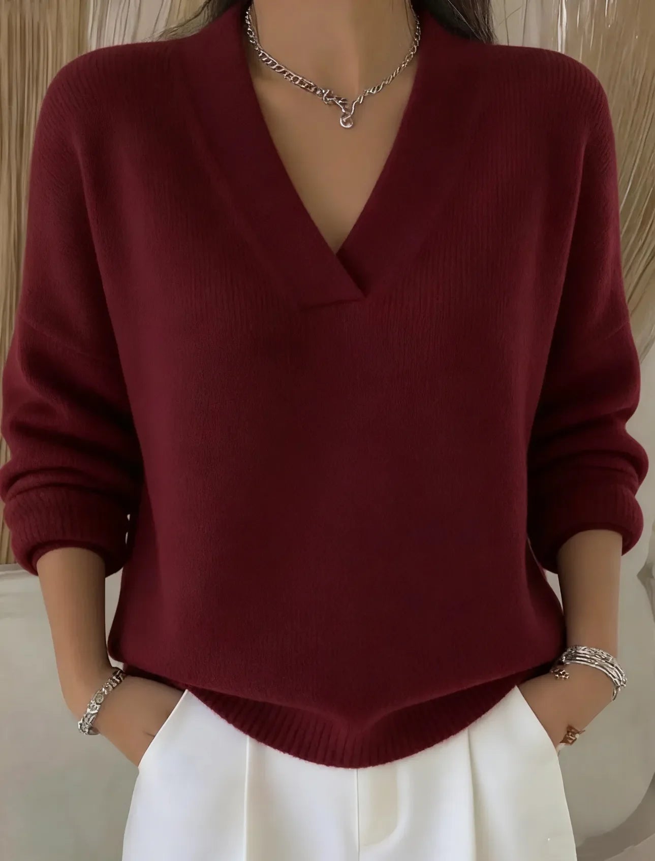 Pull décontracté en coton uni à col en V pour femme, arrivant sur les hanches