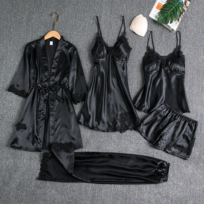 Ensemble de nuit 5 pièces pour femme avec bordure en dentelle soyeuse