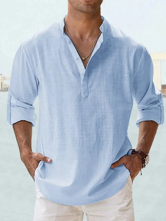 Chemise décontractée à col Henley et manches longues en coton pour homme