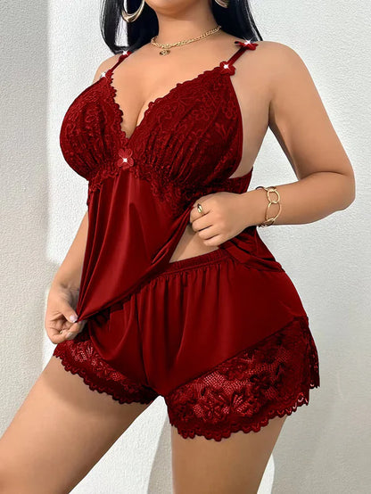 Ensemble Pyjama Caraco Bordé de Dentelle pour Femme