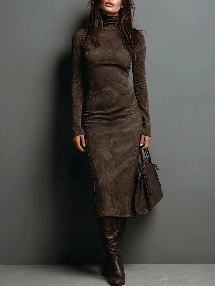 Robe midi à col montant et manches longues effet daim pour femme