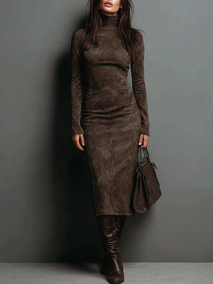 Robe midi à col montant et manches longues effet daim pour femme