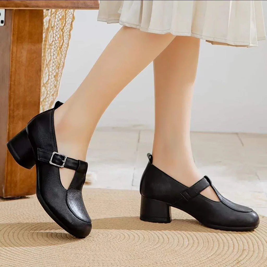 Chaussures rétro pour femmes à bout rond et talon épais avec bride
