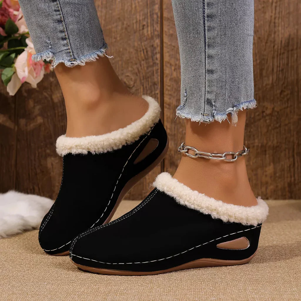 Pantoufles compensées confortables pour femmes, doublées de fausse fourrure
