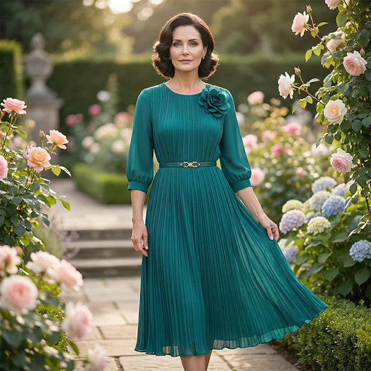 Robe midi plissée à manches 3/4 pour femme, avec ceinture à nouer