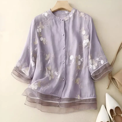 Haut en coton brodé à fleurs pour femme
