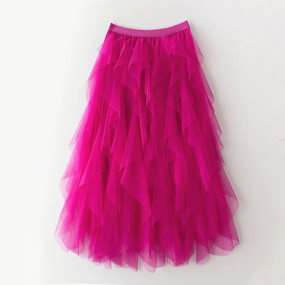 Jupe longue asymétrique à volants superposés pour femme