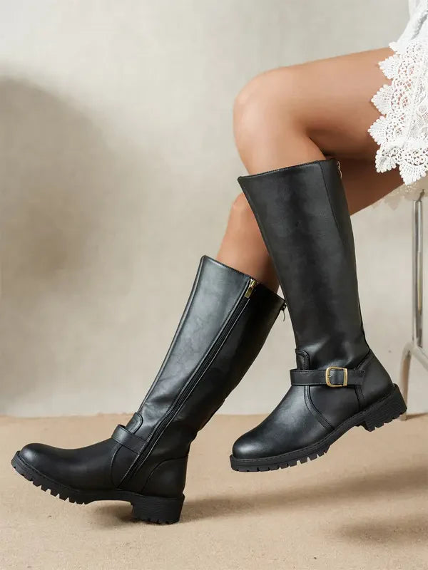 Bottes Femme d’Hiver à Talon Bas Hauteur Genou – Effet Cuir
