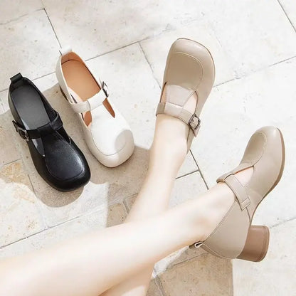 Chaussures rétro pour femmes à bout rond et talon épais avec bride