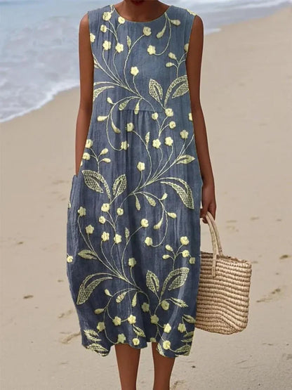 Robe sans manches à imprimé floral pour femme, en coton et lin