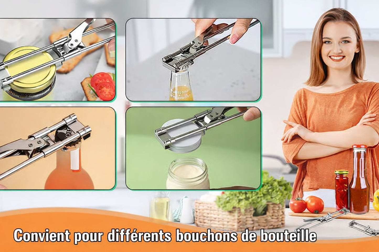 Ouvre-bocal et ouvre-boîte multifonctionnel réglable en acier inoxydable