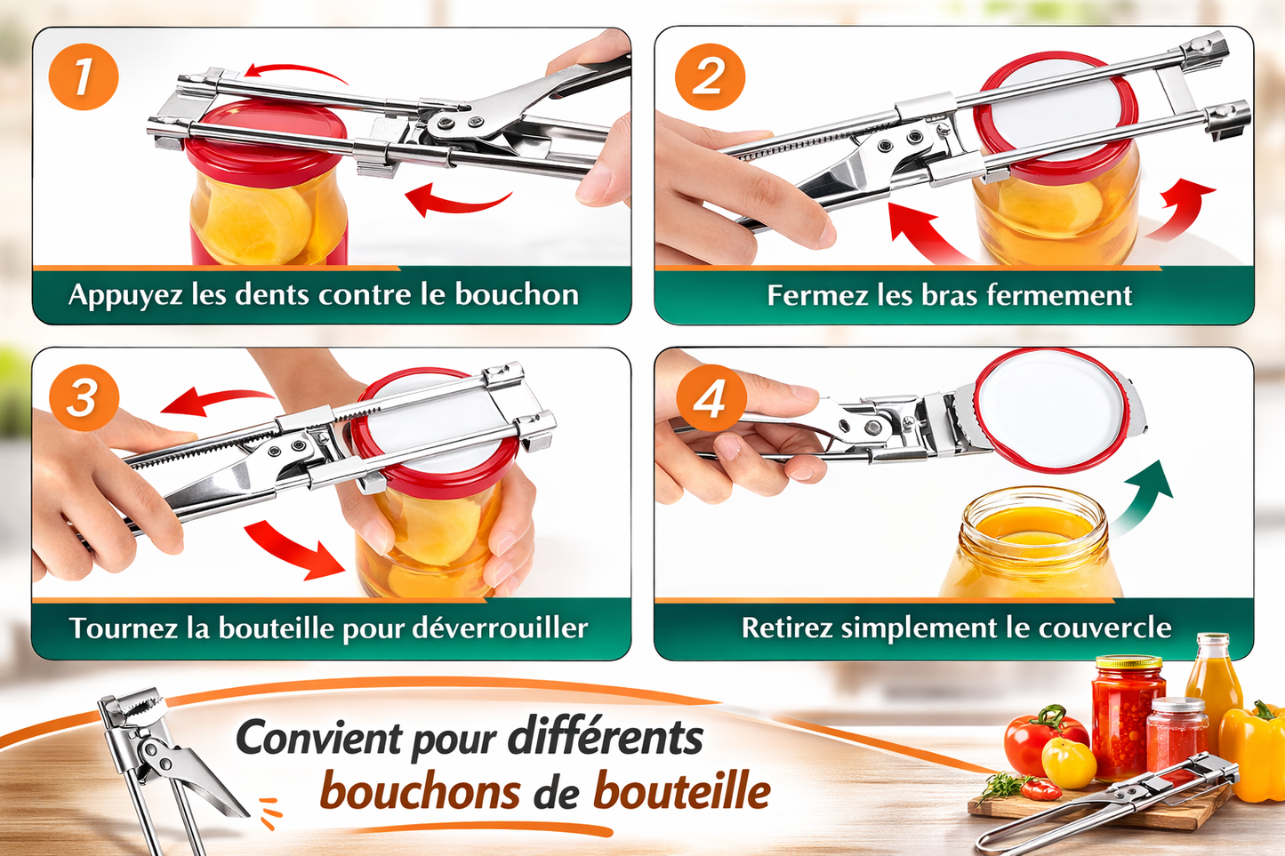 Ouvre-bocal et ouvre-boîte multifonctionnel réglable en acier inoxydable
