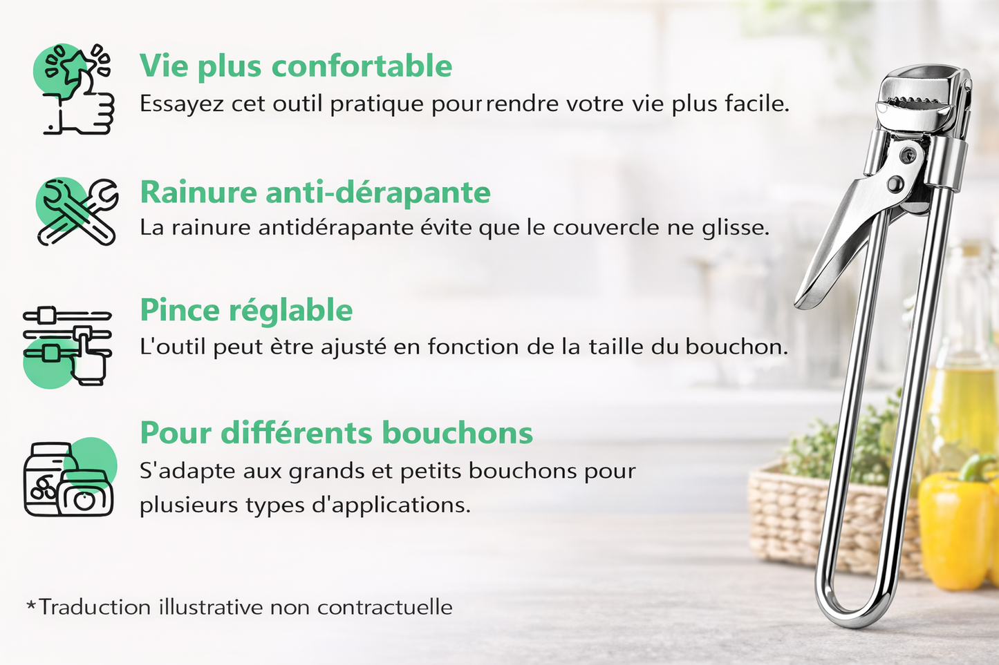 Ouvre-bocal et ouvre-boîte multifonctionnel réglable en acier inoxydable