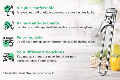 Ouvre-bocal et ouvre-boîte multifonctionnel réglable en acier inoxydable