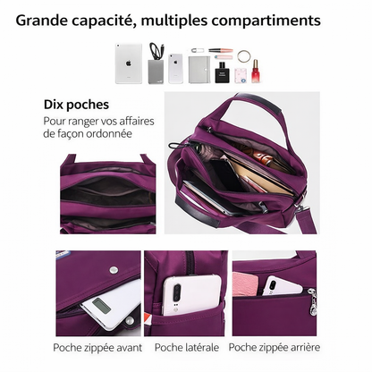 Sac bandoulière antivol multipoches en nylon pour femme