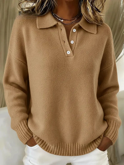 Pull Femme en Maille Douce à Col Polo Boutonné