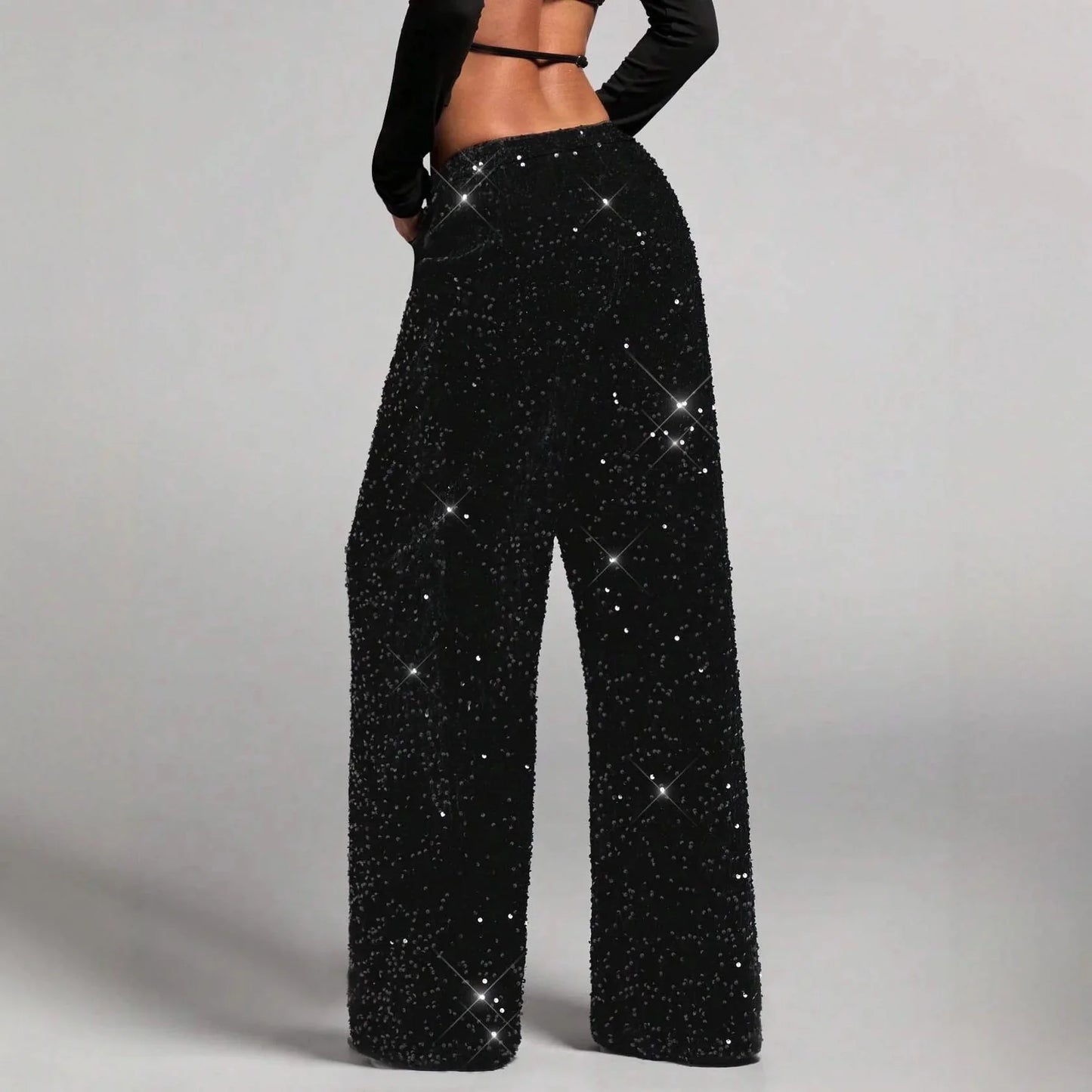 Pantalon de soirée à paillettes pour femme, jambes larges et taille élastique
