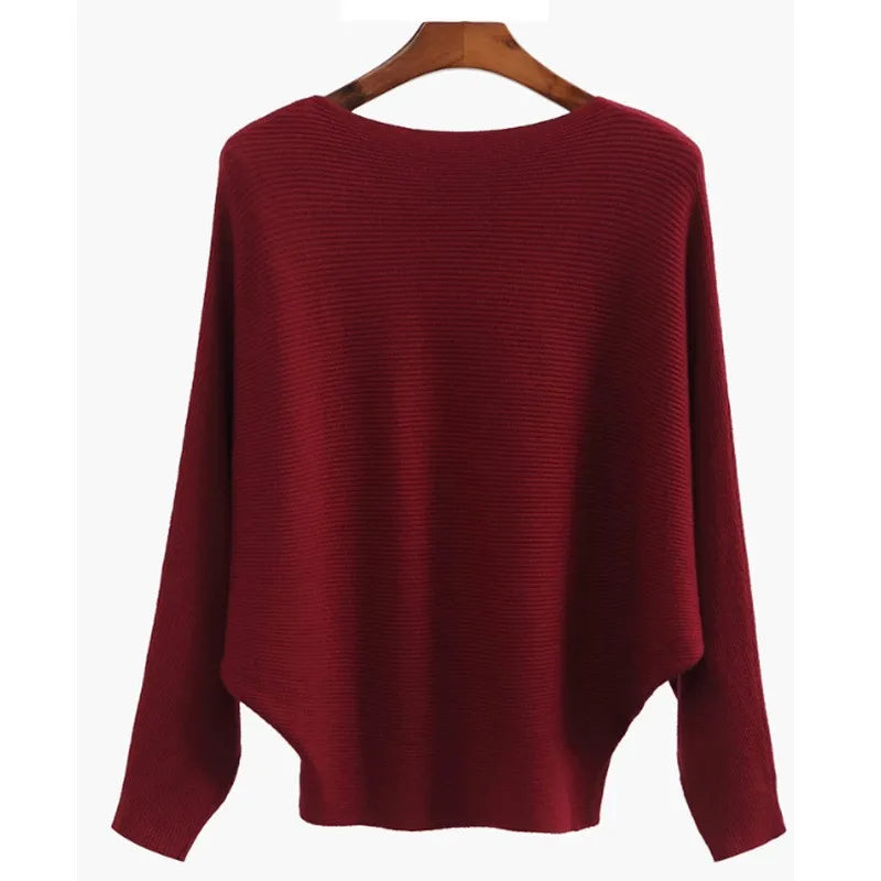 Pull tunique oversize à col bateau et manches chauve-souris en maille côtelée pour femme