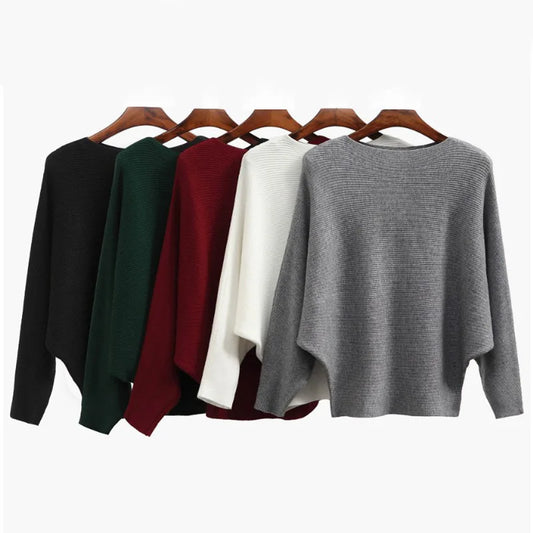 Pull tunique oversize à col bateau et manches chauve-souris en maille côtelée pour femme