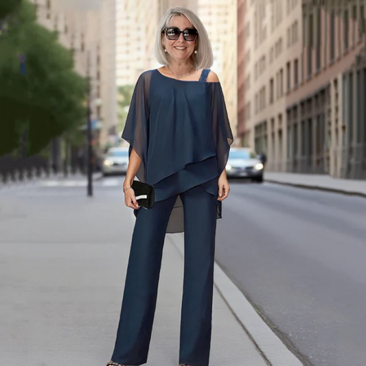 Ensemble haut asymétrique en mousseline et pantalon large pour femme