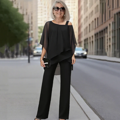 Ensemble haut asymétrique en mousseline et pantalon large pour femme