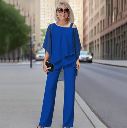 Ensemble haut asymétrique en mousseline et pantalon large pour femme