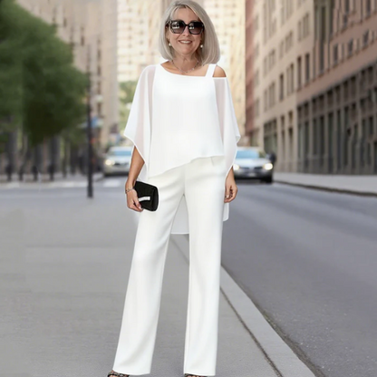 Ensemble haut asymétrique en mousseline et pantalon large pour femme