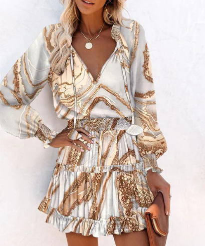 Robe courte à manches longues et à volants pour femme, col noué