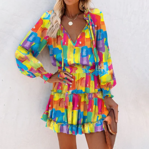 Robe courte à manches longues et à volants pour femme, col noué