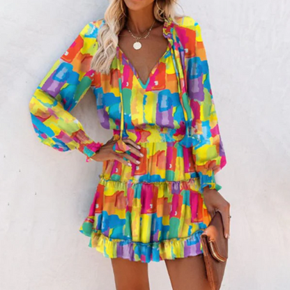 Robe courte à manches longues et à volants pour femme, col noué