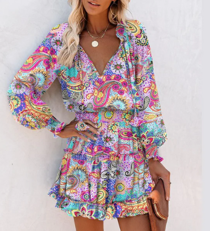 Robe courte à manches longues et à volants pour femme, col noué