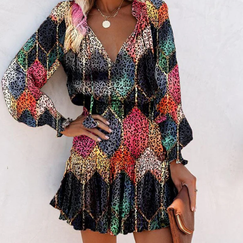Robe courte à manches longues et à volants pour femme, col noué