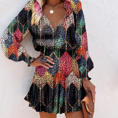 Robe courte à manches longues et à volants pour femme, col noué