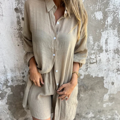 Ensemble deux pièces pour femme : chemise à manches longues et short décontractés