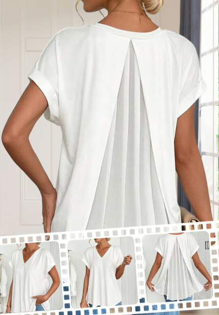 T-shirt décontracté à col en V avec détail texturé au dos pour femme