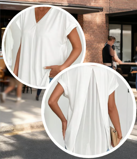 T-shirt décontracté à col en V avec détail texturé au dos pour femme