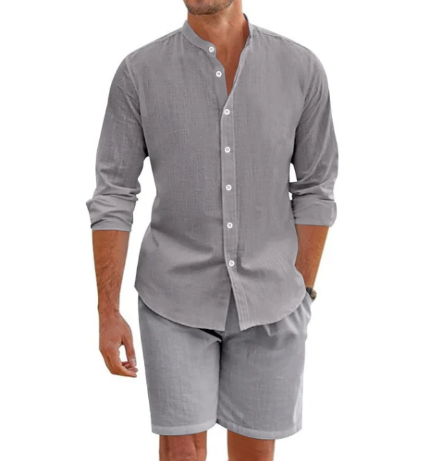Ensemble haut à manches courtes et short à cordon en lin mélangé pour homme