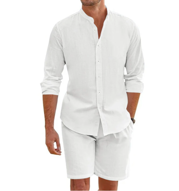Ensemble haut à manches courtes et short à cordon en lin mélangé pour homme