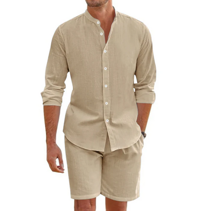 Ensemble haut à manches courtes et short à cordon en lin mélangé pour homme