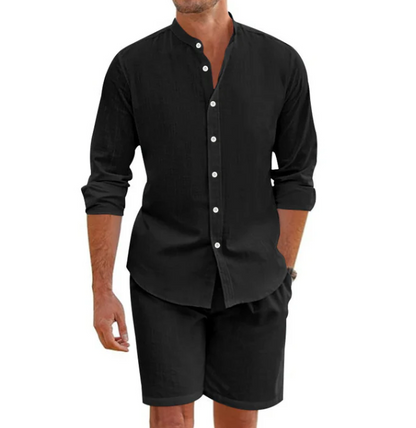 Ensemble haut à manches courtes et short à cordon en lin mélangé pour homme
