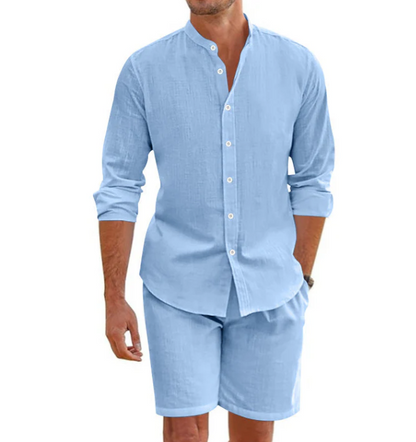 Ensemble haut à manches courtes et short à cordon en lin mélangé pour homme