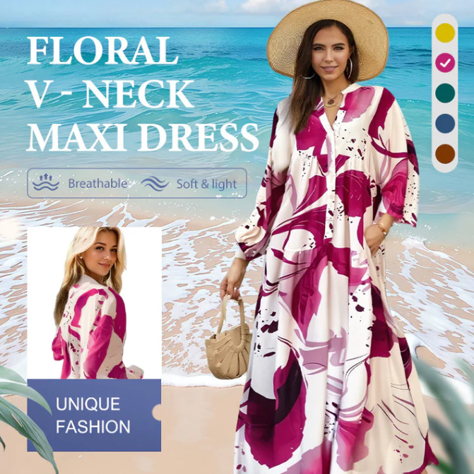 Robe longue imprimée à col en V et à volants pour femme