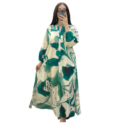 Robe longue imprimée à col en V et à volants pour femme