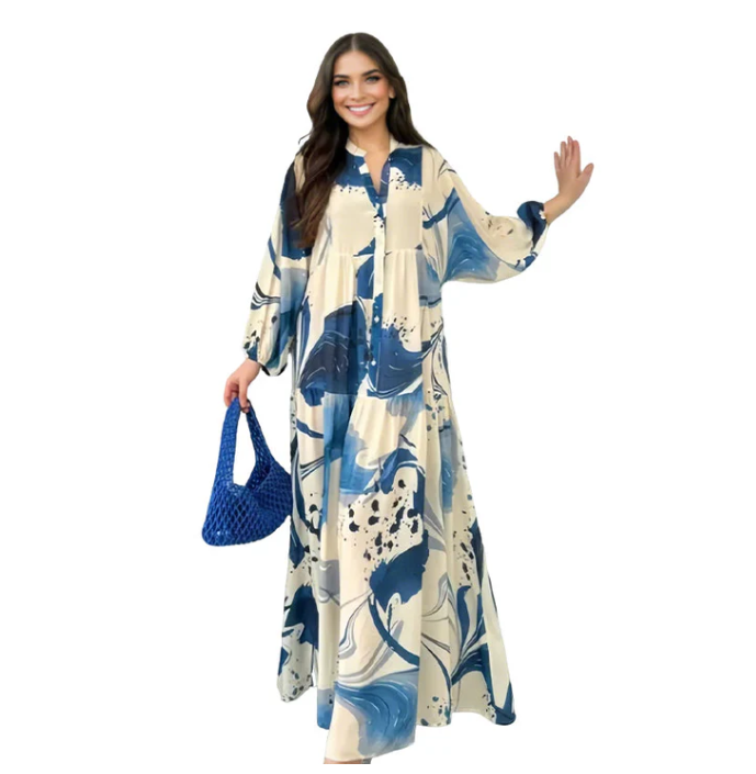 Robe longue imprimée à col en V et à volants pour femme
