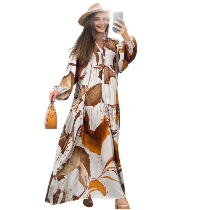 Robe longue imprimée à col en V et à volants pour femme