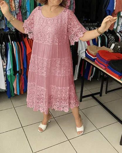 Robe midi droite en patchwork de dentelle unie pour femme