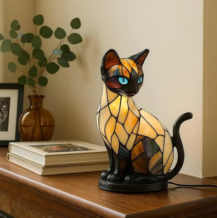 Veilleuse en verre 3D en forme de chat, rechargeable par USB, avec lumière chaude